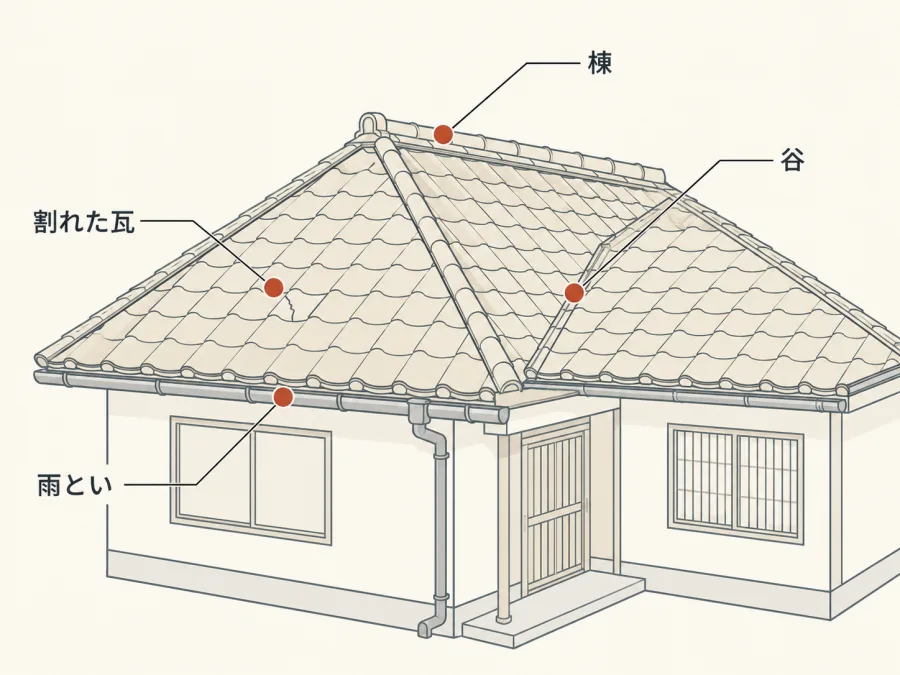 棟・谷・割れた瓦・雨といの位置を示した日本家屋の屋根の図